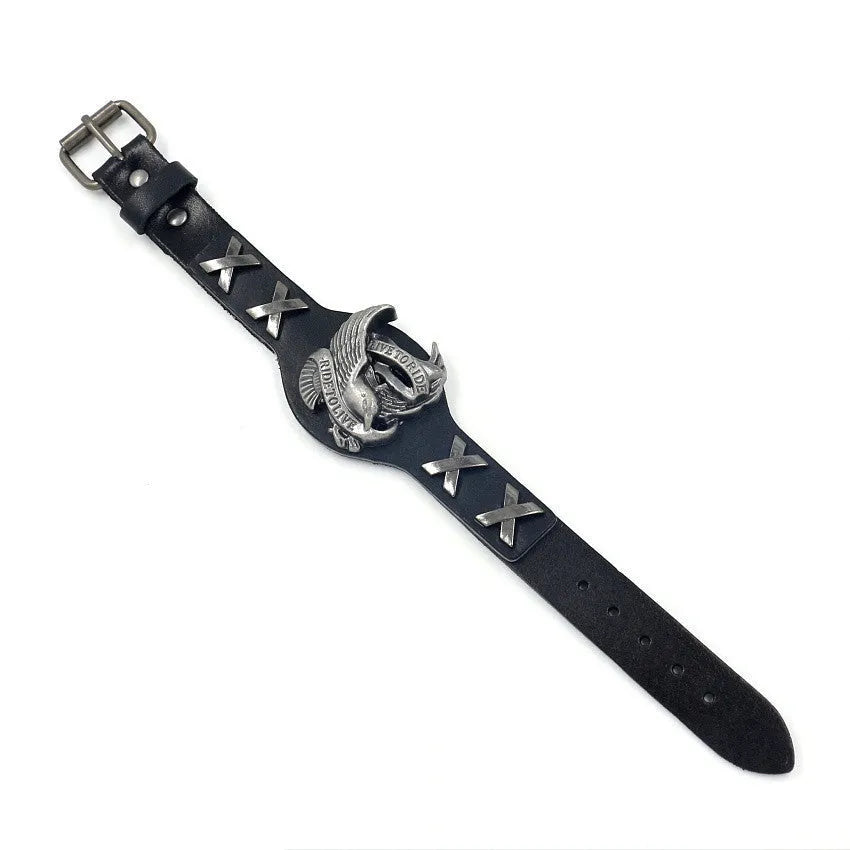 Black leather bracelet with eagle watch buckle clasp geometric design