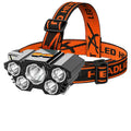 A head-mounted LED miner's lamp with a PVC head strap and a central 10W light, shown with a rechargeable battery pack and data cable.