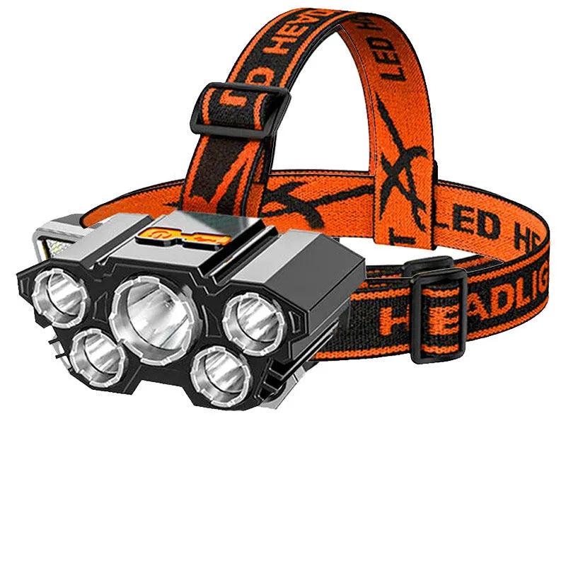 A head-mounted LED miner's lamp with a PVC head strap and a central 10W light, shown with a rechargeable battery pack and data cable.