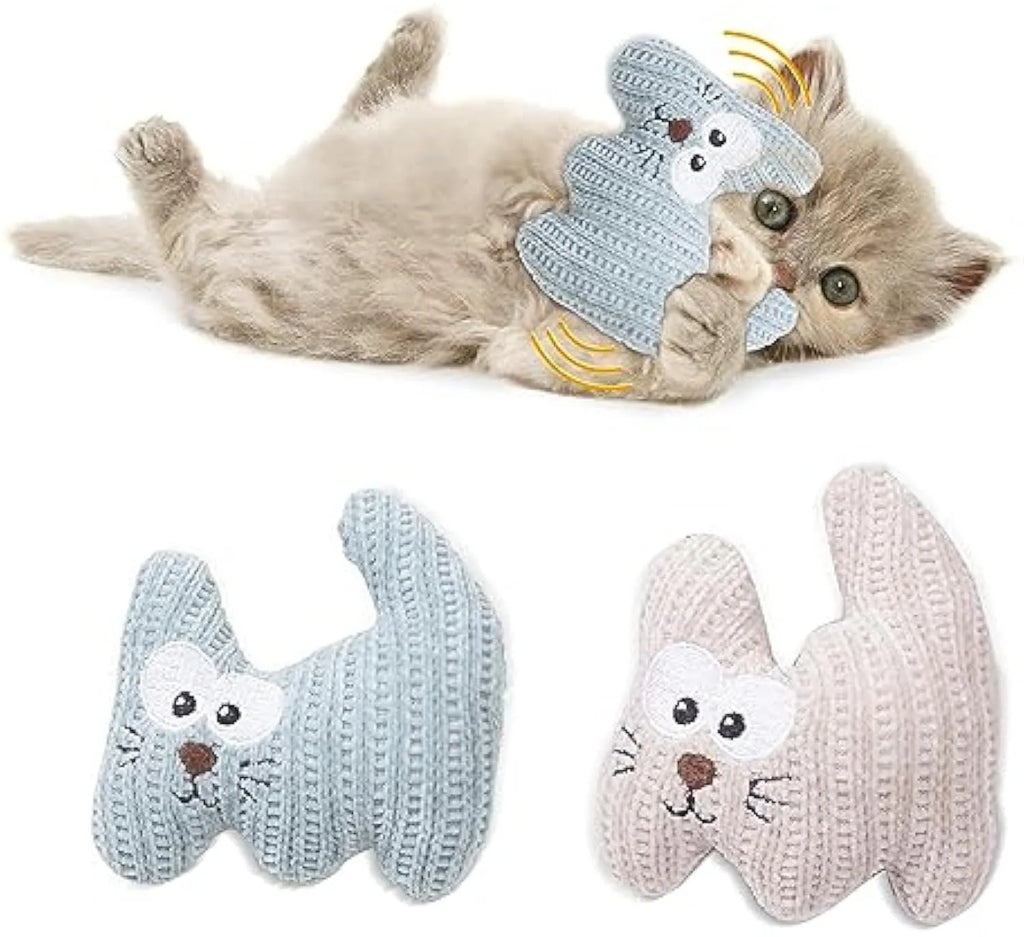 Cyan knitted plush cat toy with bell and catnip filling on a white surface.