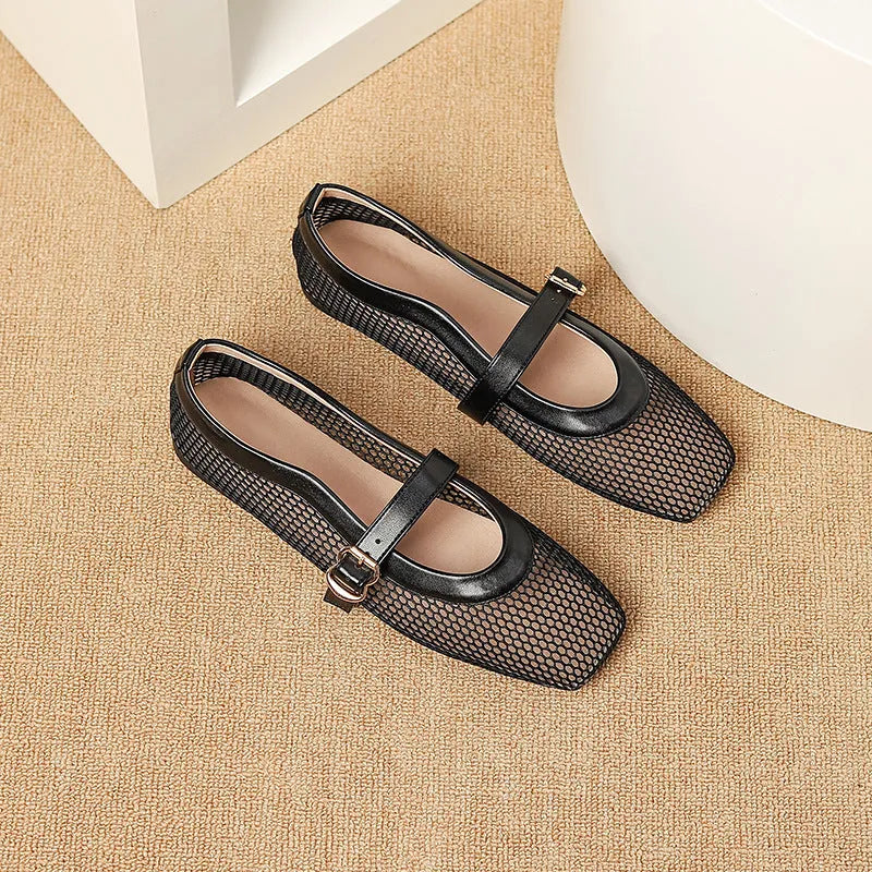 Women's beige mesh summer pump with square toe and buckle closure on a low flat heel.