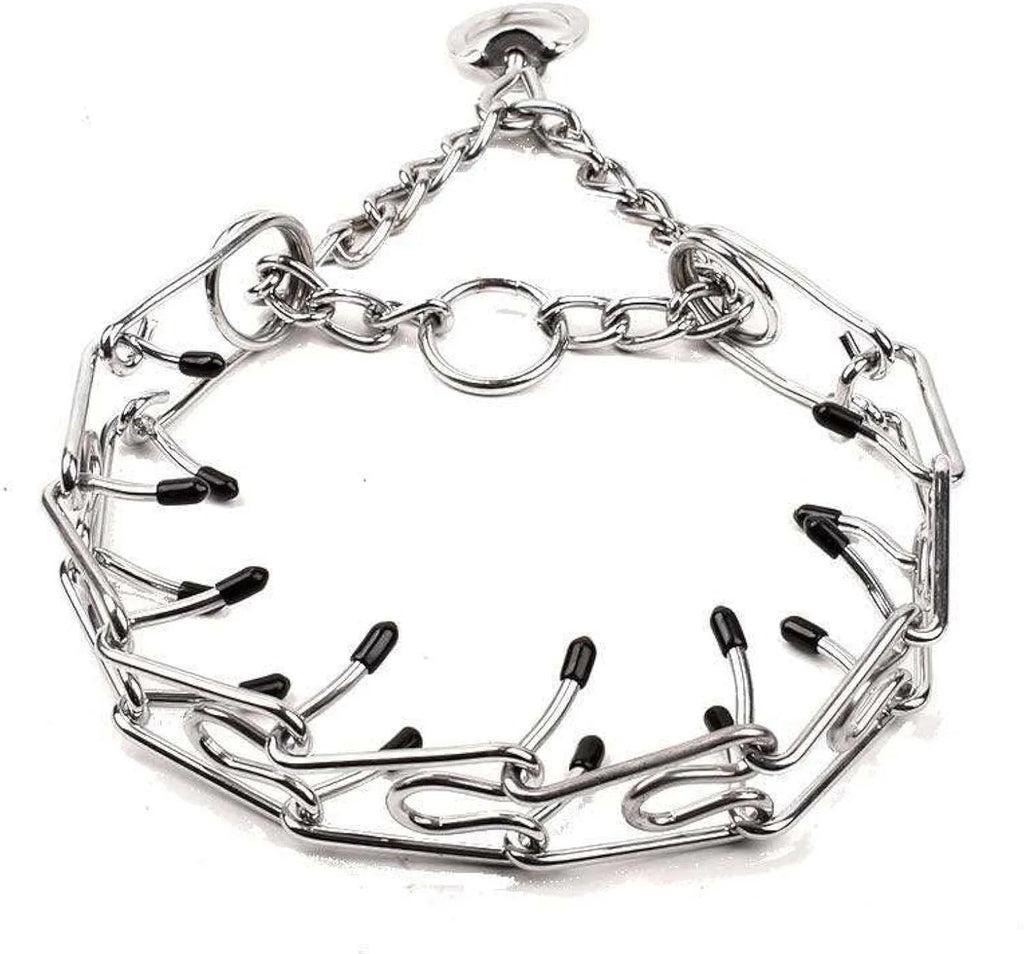 Stainless steel dog training prong collar with adjustable chain links and rubber comfort tips