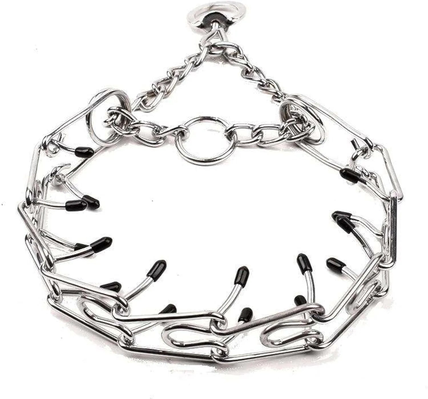 Stainless steel dog training prong collar with adjustable chain links and rubber comfort tips