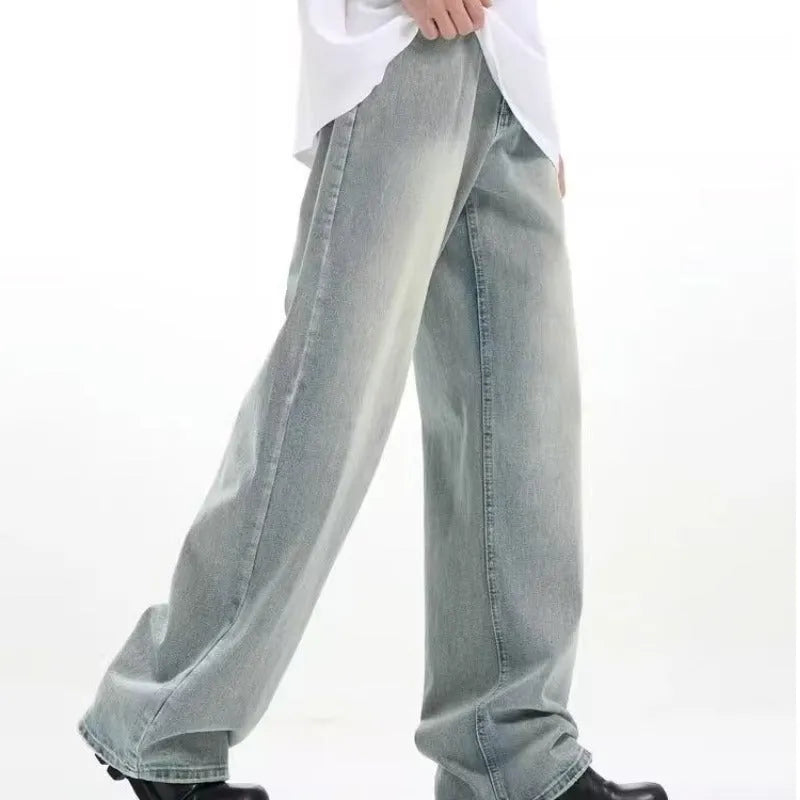 Blue men's loose retro casual trousers made from high-elasticity rabbit fur fabric.