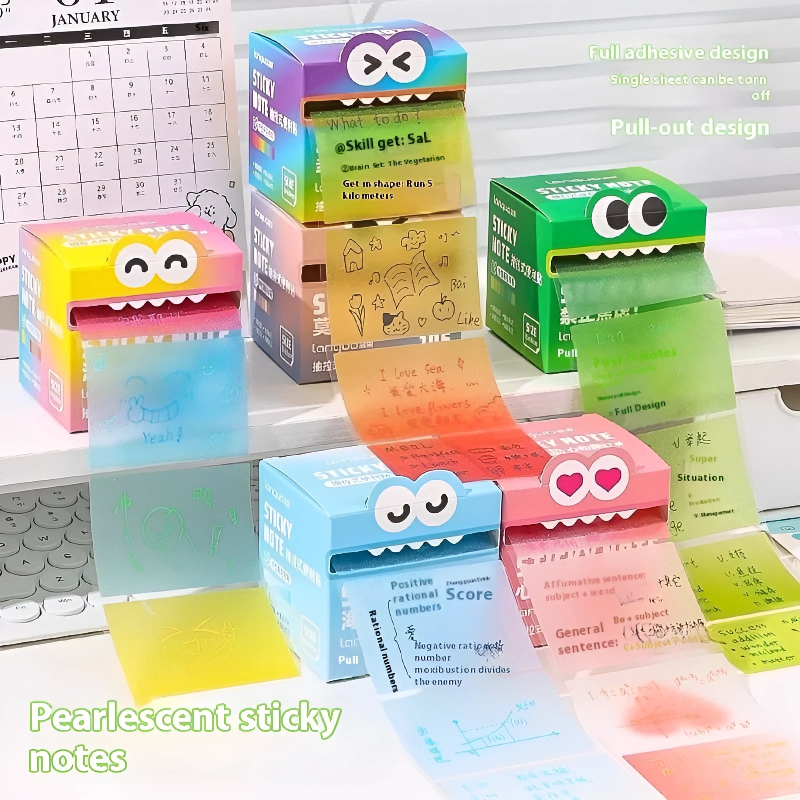 Box of pearl gradient transparent pull-out sticky notes showing 105-page pad and colour options.