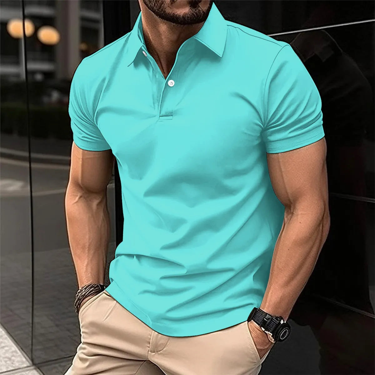 Men's solid colour polo shirt with short sleeves and button lapel in cotton blend fabric