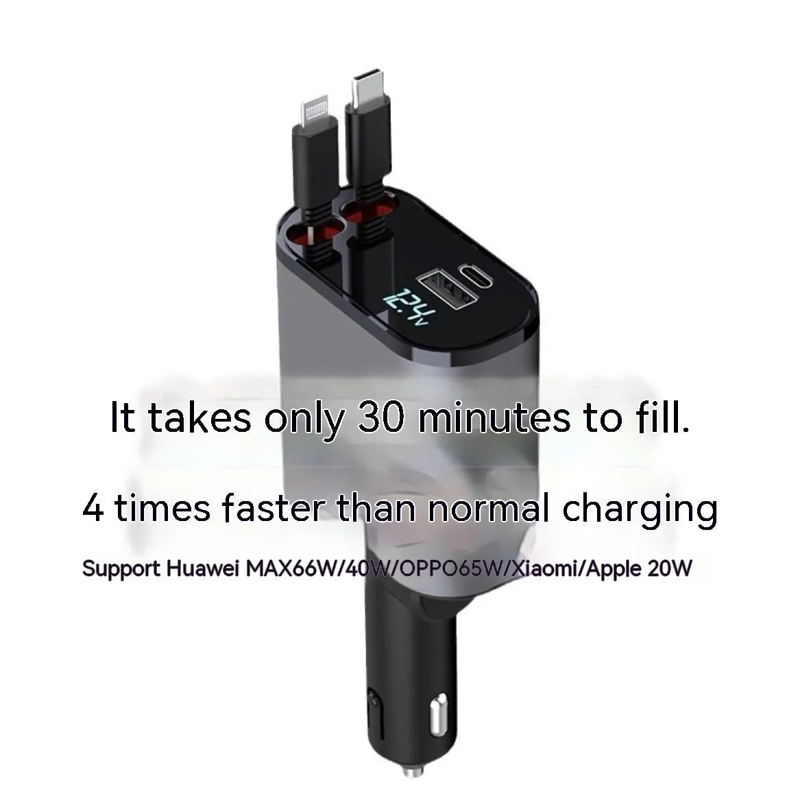 Automatic retractable car charger with cable extended, plugged into a 12V socket