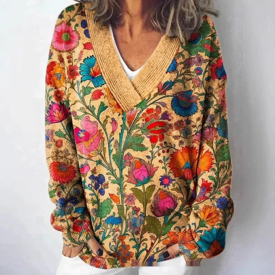 Women's V-neck sweatshirt with 3D floral pattern print and long sleeves
