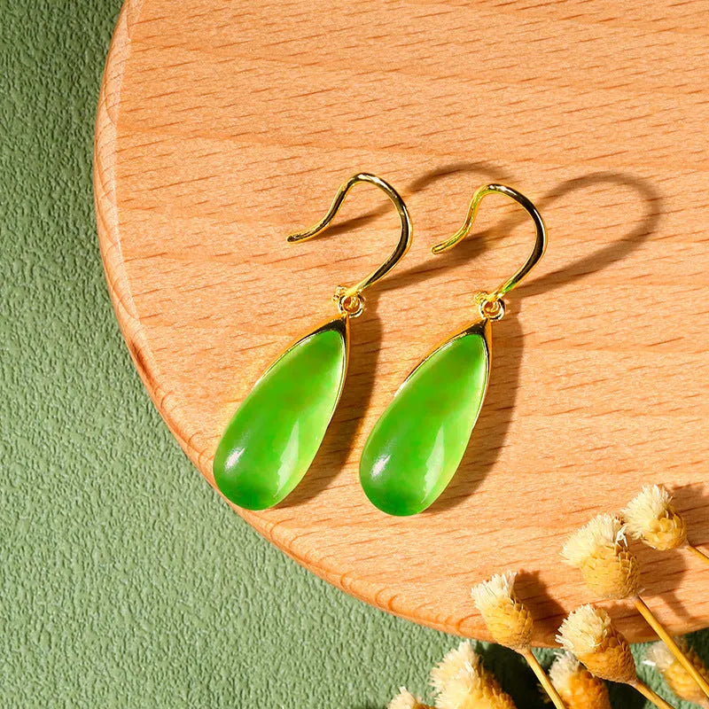 Geometric Chinese style earrings with water droplet design in jade colour
