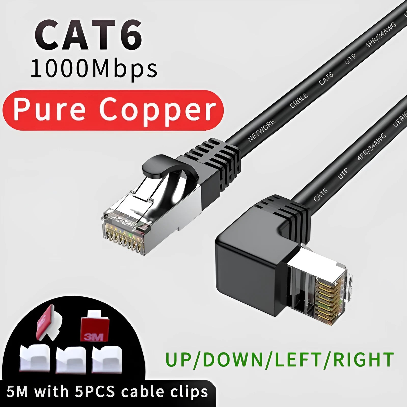 Right-angle Cat6 Ethernet cable with RJ45 connector in various colour options