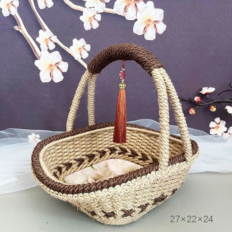 Hand-woven straw basket made from hemp rope, measuring 19cm tall and 12cm wide.