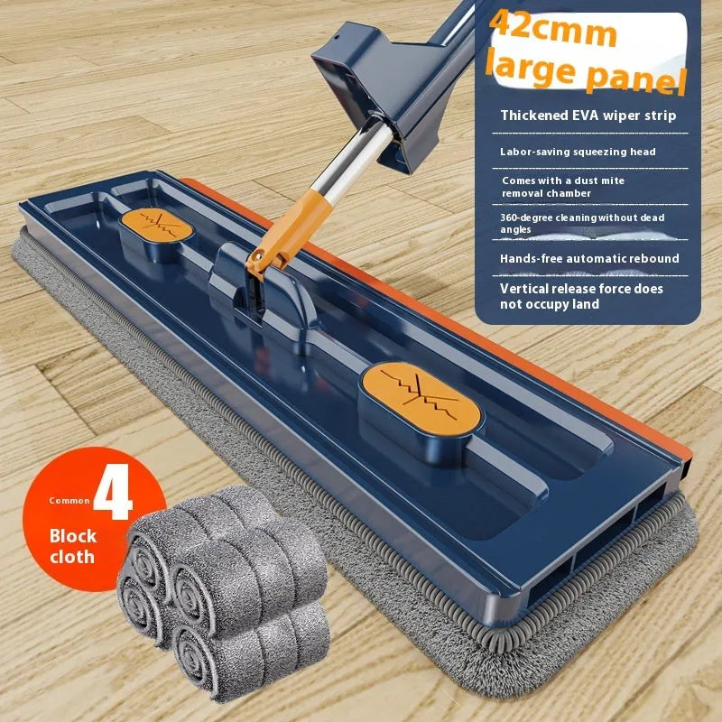 Large flat mop with long stainless steel handle and blue cleaning cloth on hard floor