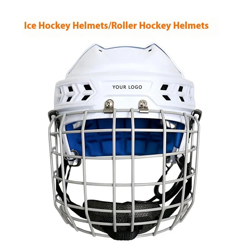 Ice hockey helmet with a carbon steel face mask and cushioned interior lining.