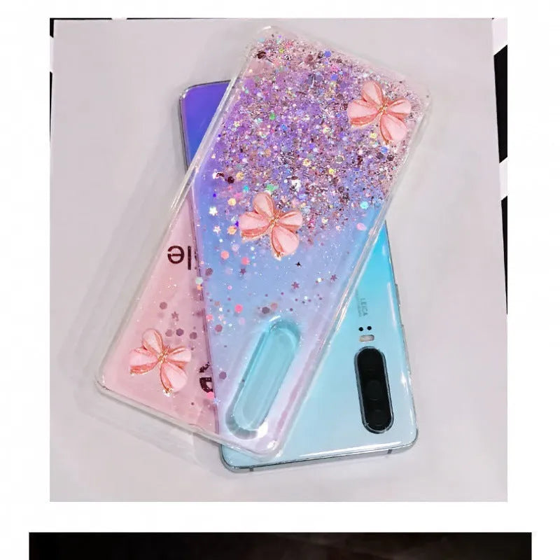 Flash three butterflies pink glitter epoxy silicone phone case for Samsung