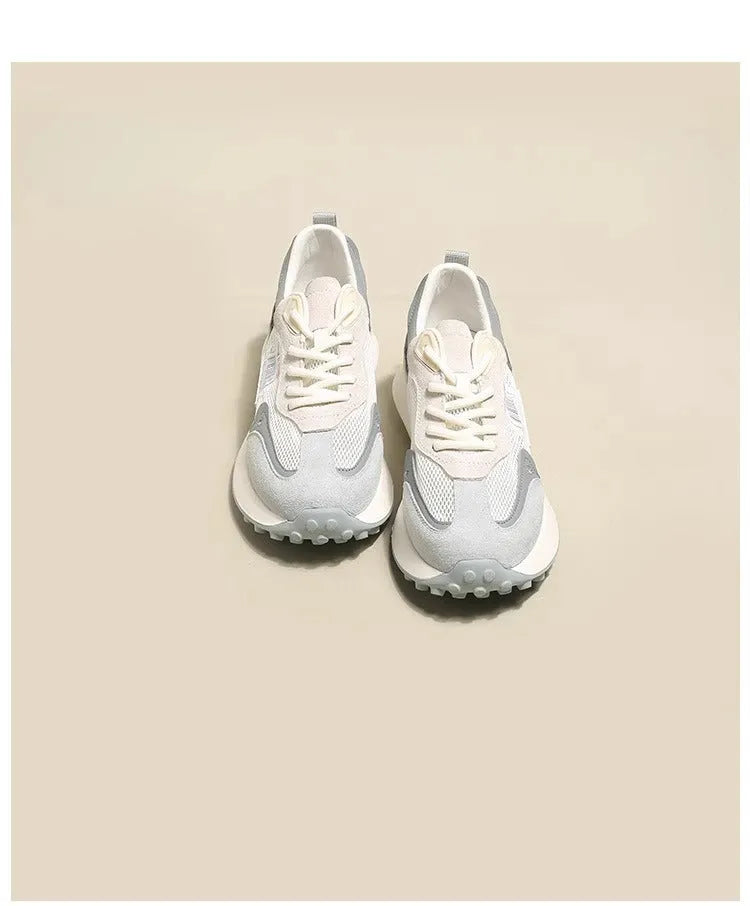 Women's grey and pink retro casual sneakers with mesh lining and rubber sole, low-top design