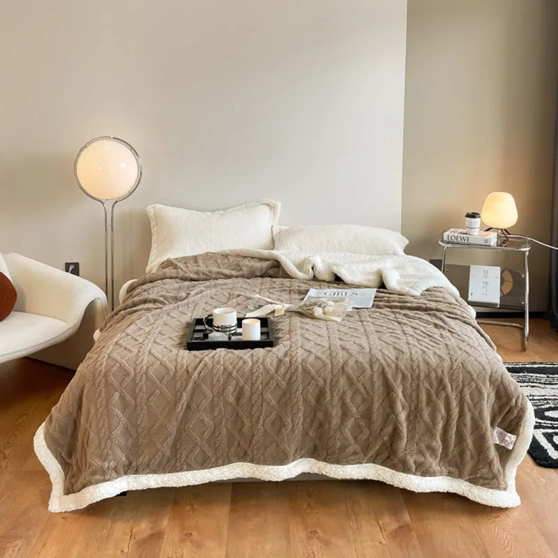 Thermal flannel polyester blanket in tea green colour showing modern simple design