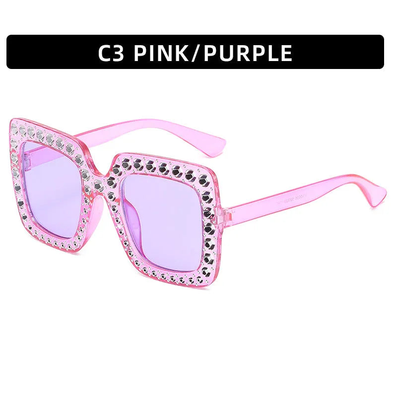 Large square frame sunglasses with rhinestone details on a PC frame in multiple colour options