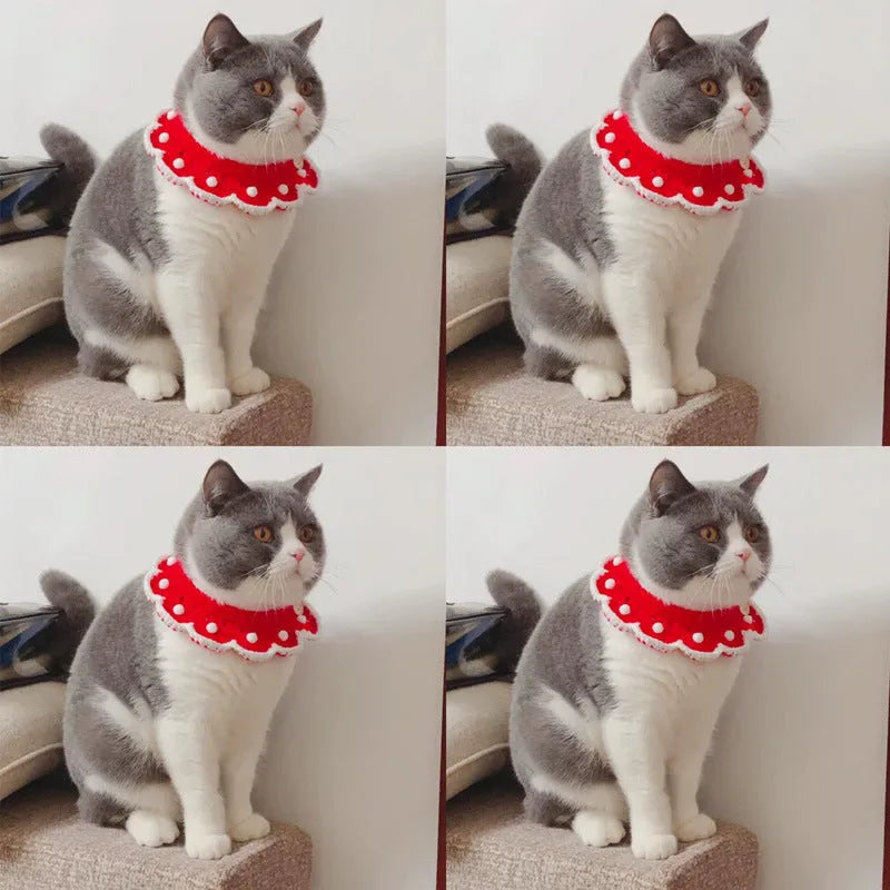 Hand-knitted milk cotton pet collar with cartoon pattern, shown in multiple sizes for cats, dogs, and rabbits.
