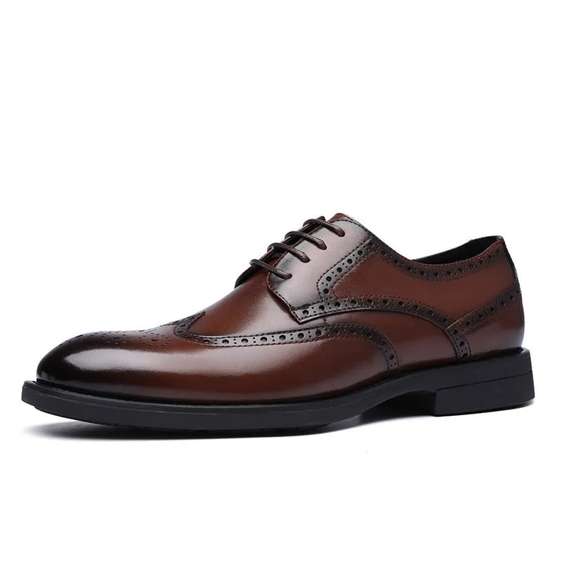 Men's black and brown brogue formal shoes with PU leather upper for business wear.