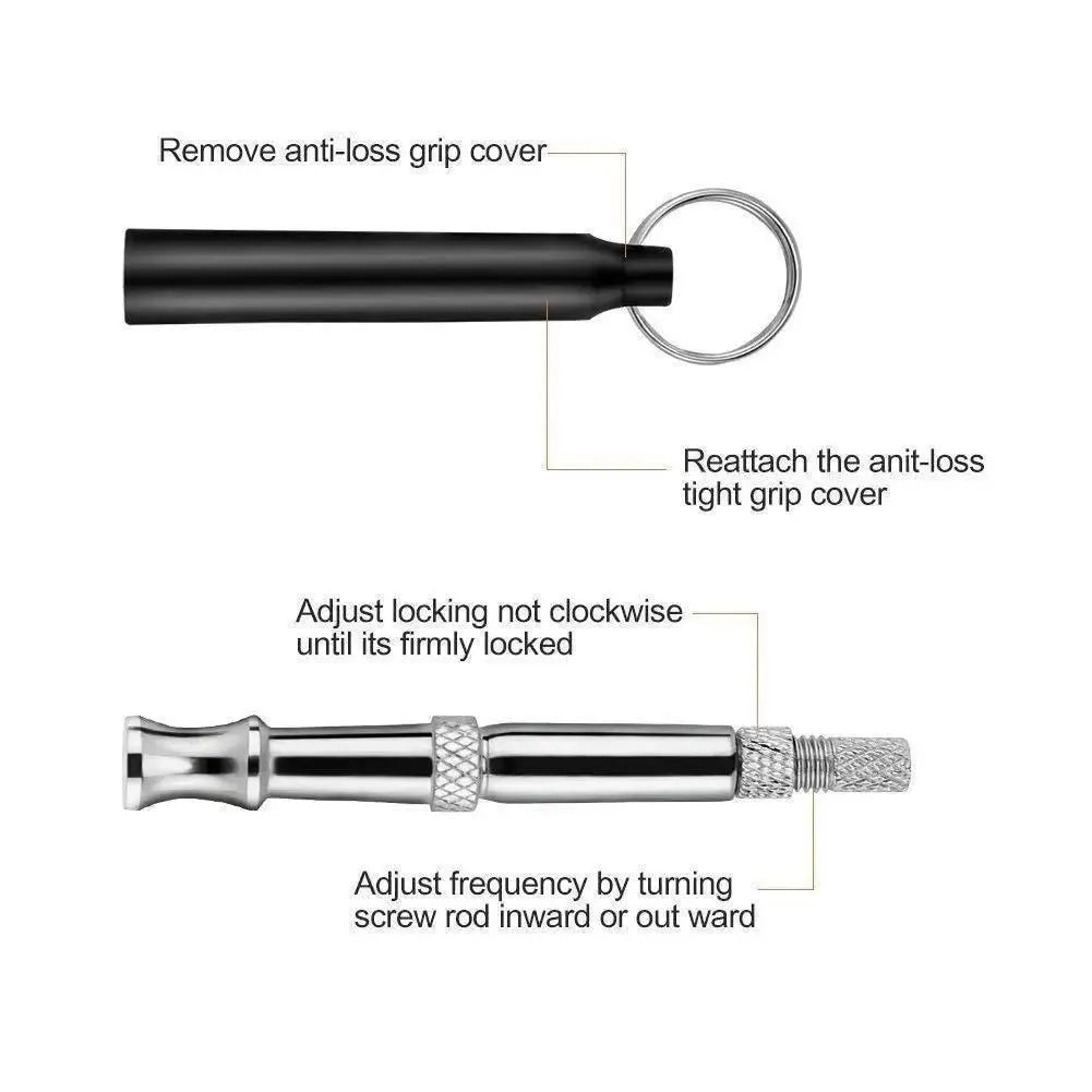 Copper ultrasonic dog training whistle with keychain cord and iron ring in black colour on white background