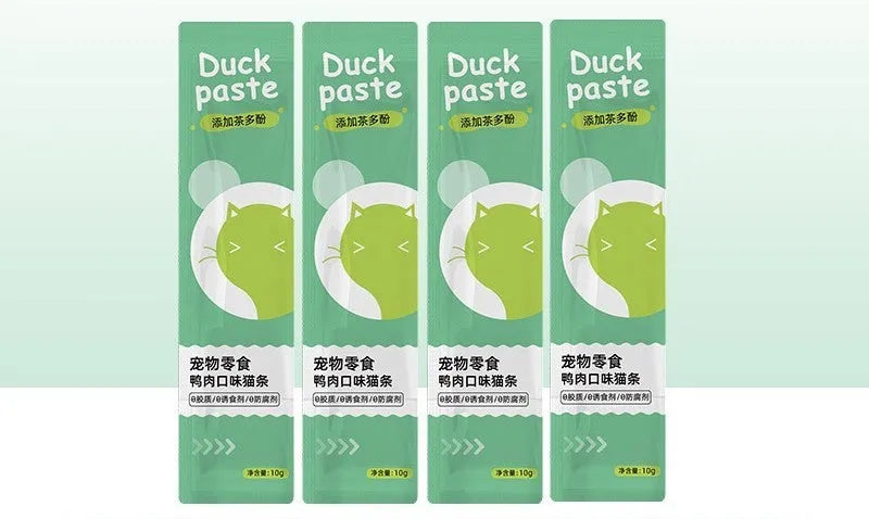 Functional cat strip snacks in four flavours: chicken catgrass, duck tea polyphenol, salmon astaxanthin, tuna prebiotics