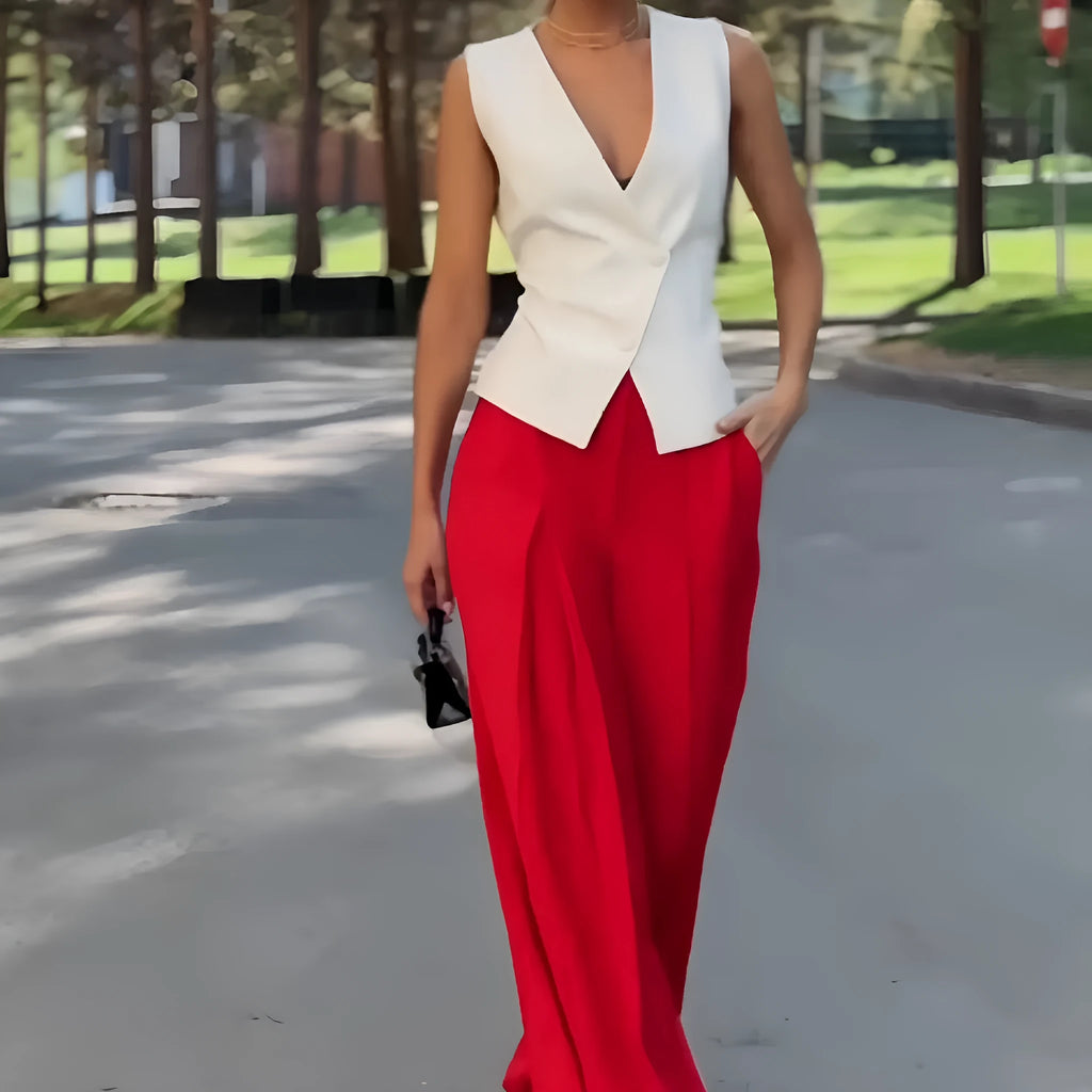 Women's beige polyester two-piece set with deep V-neck sleeveless top and high-waist wide-leg trousers