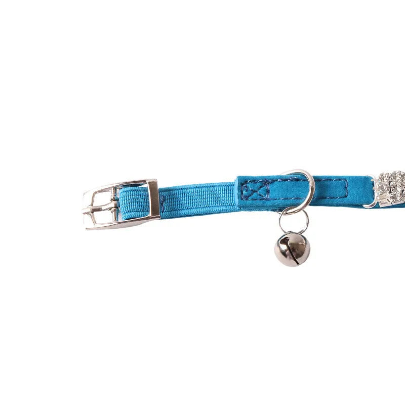 Flocking fabric cat collar with elastic buckle and gang drill adjustment in six colour options