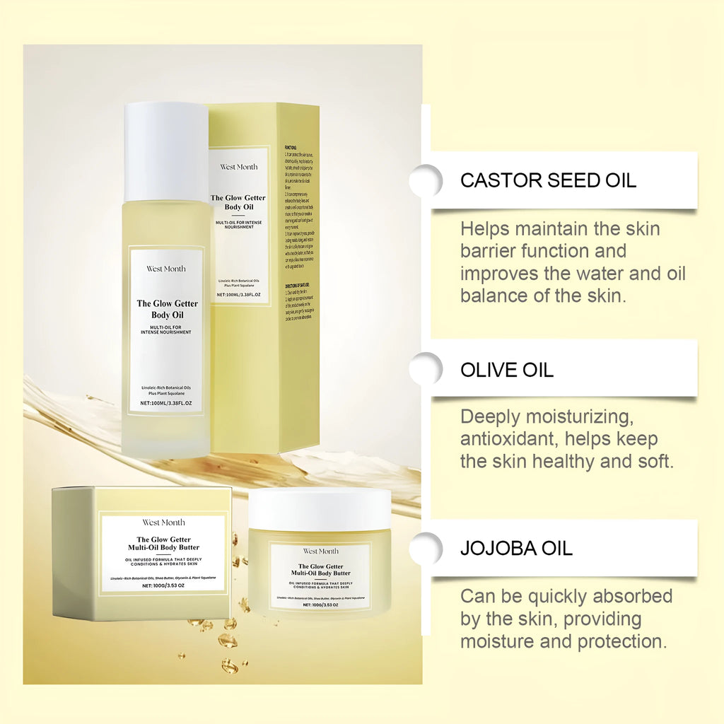 Body care set with skincare oil and moisturising cream for nourishing firming massage treatment