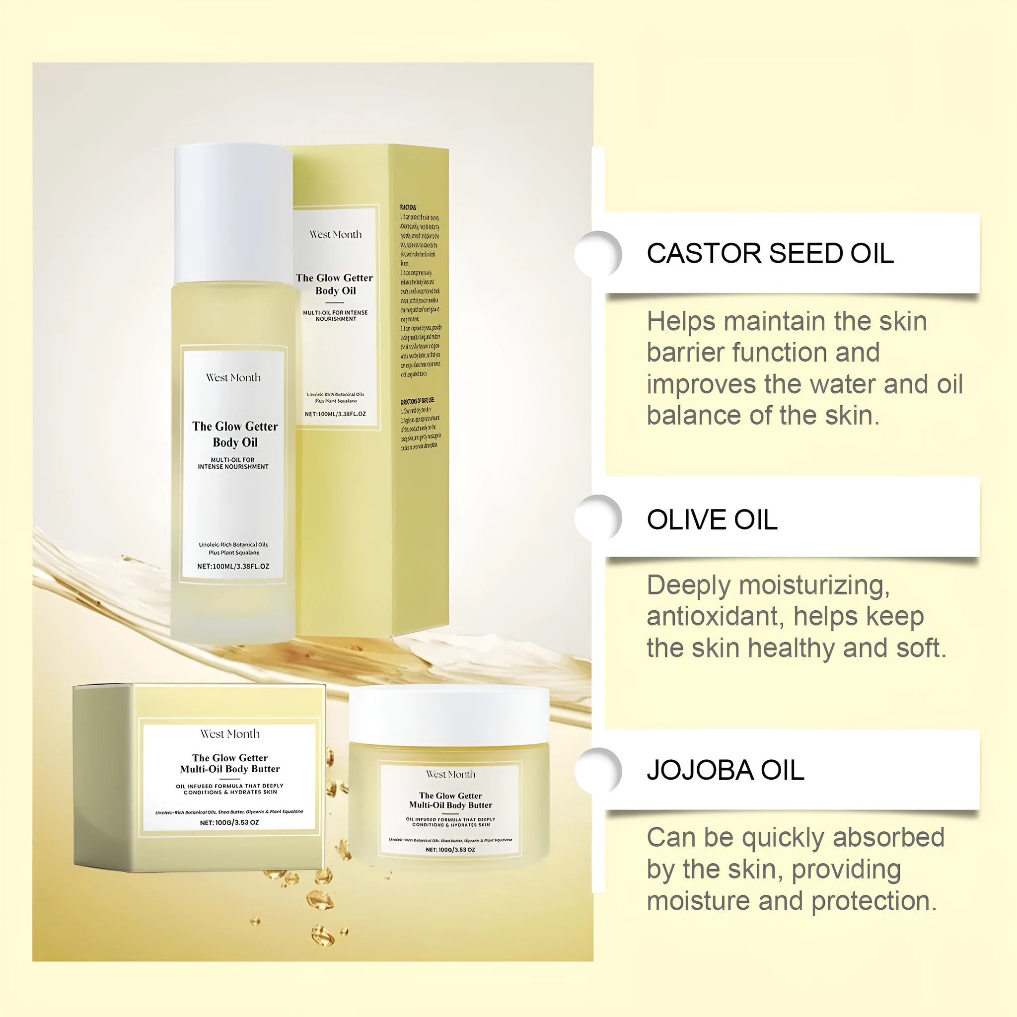 Body care set with skincare oil and moisturising cream for nourishing firming massage treatment