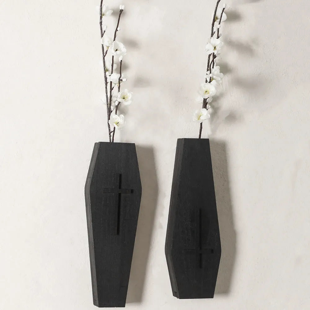 Black wooden cross wall vase shelf measuring 27cm by 9cm for pendant mounting