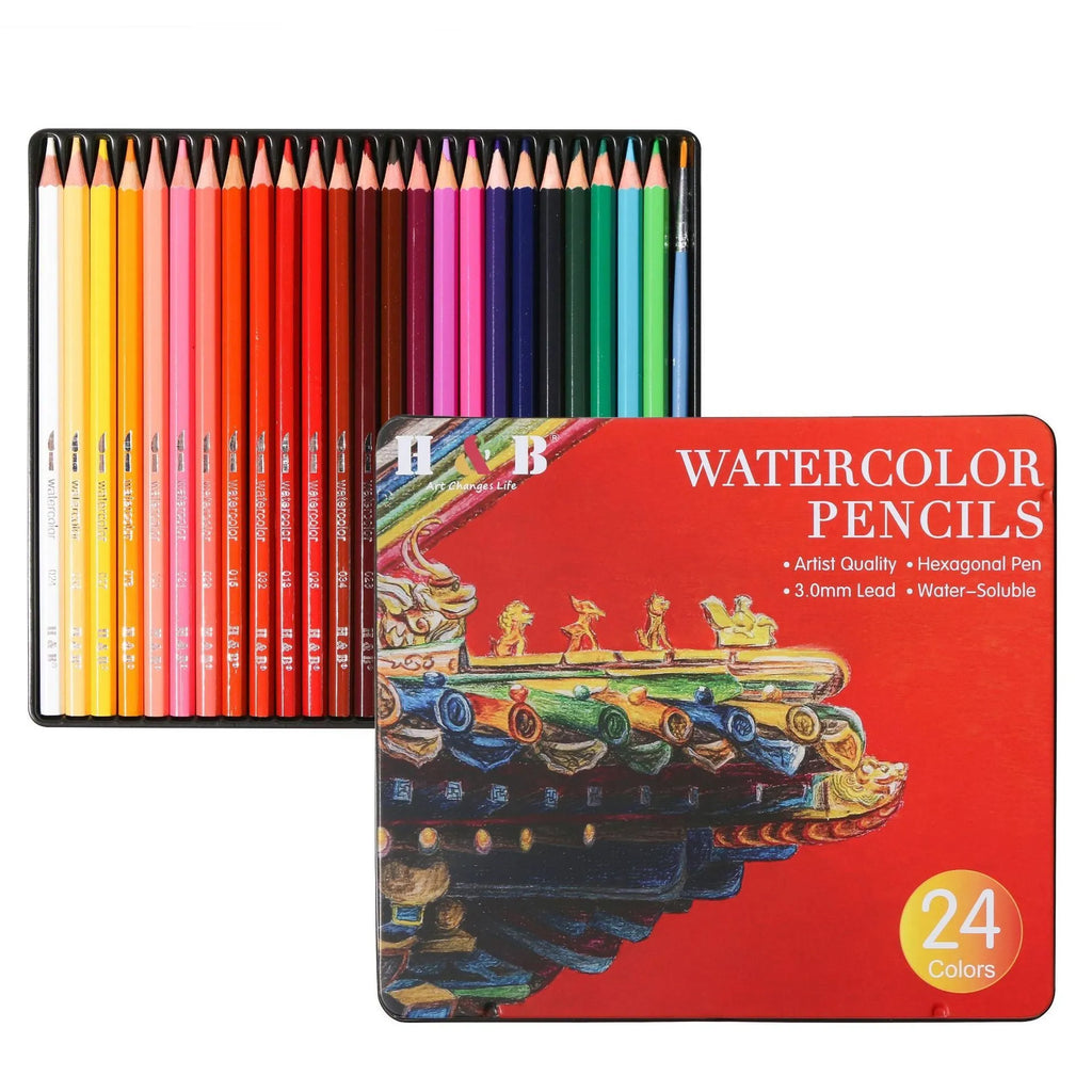 Professional 24-colour water-soluble pencil set in silver metal tin box with brush