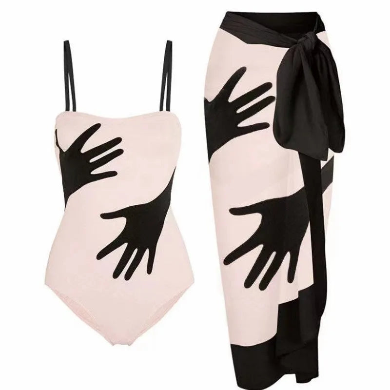 Women's one-piece bikini swimsuit in polyester with gauze skirt option, sizes S M L XL