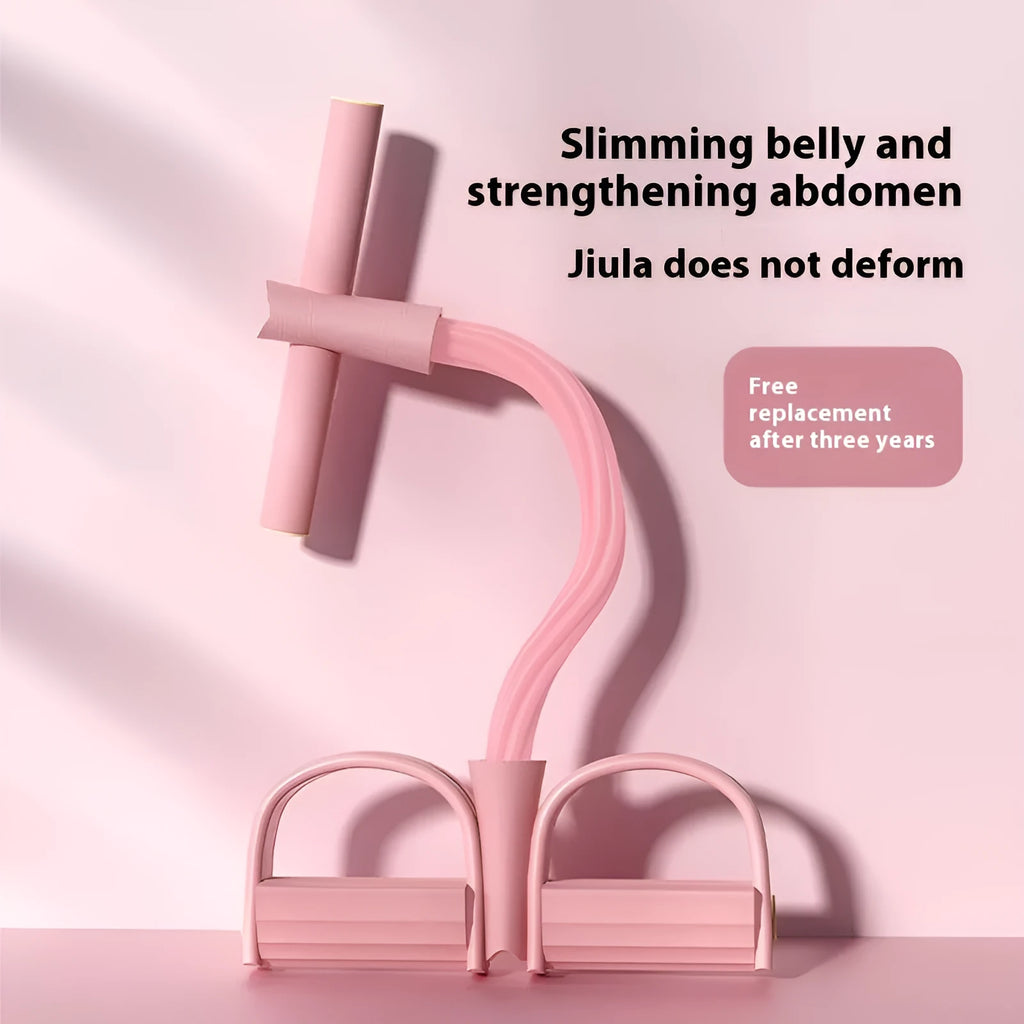 Purple home fitness pedal pulling rope device for waist slimming and sit-ups on a wooden floor.