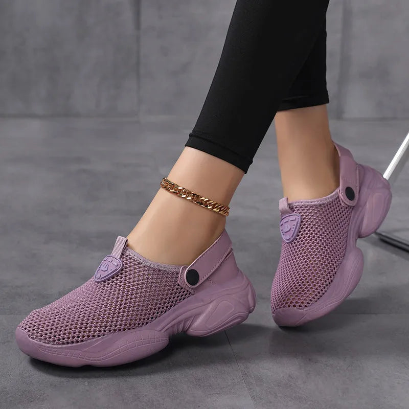 Women's Flyknit sports sandals in beige colour showing round toe holder and breathable upper construction