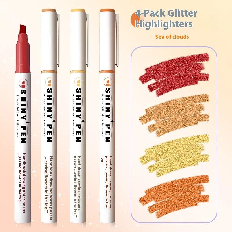 Set of four glitter highlighter pens with slanted tips showing six glitter ink colours including taro puff and mung bean smoothie
