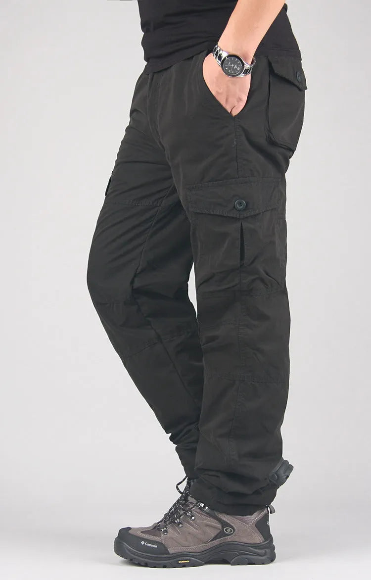 Men's stone washed cotton overalls with velvet lining in khaki, shown in a loose, straight-leg fit.