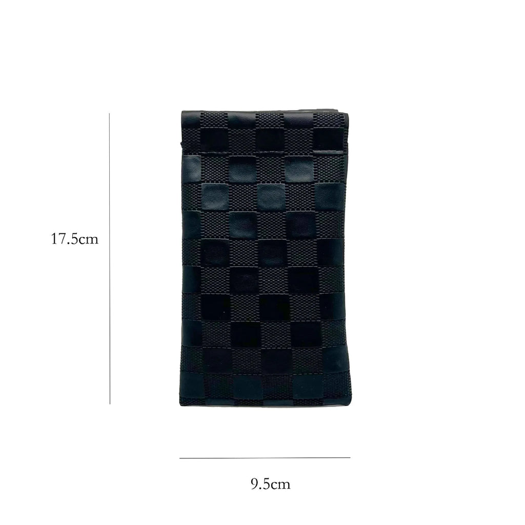 Leather glasses case with automatic snap closure in a colour option, lying flat