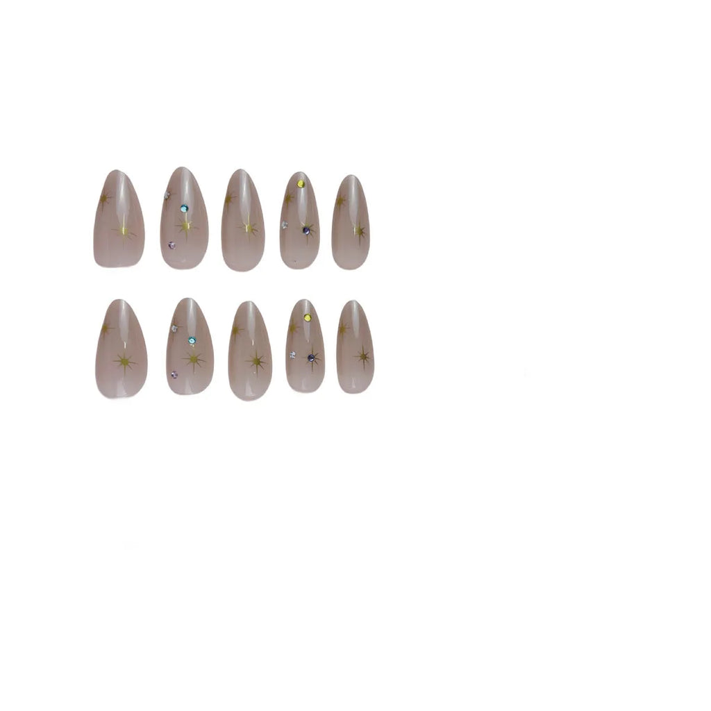 Women's press-on fingernails set 24 pieces starry sky pattern drop shape BW92 with jelly glue