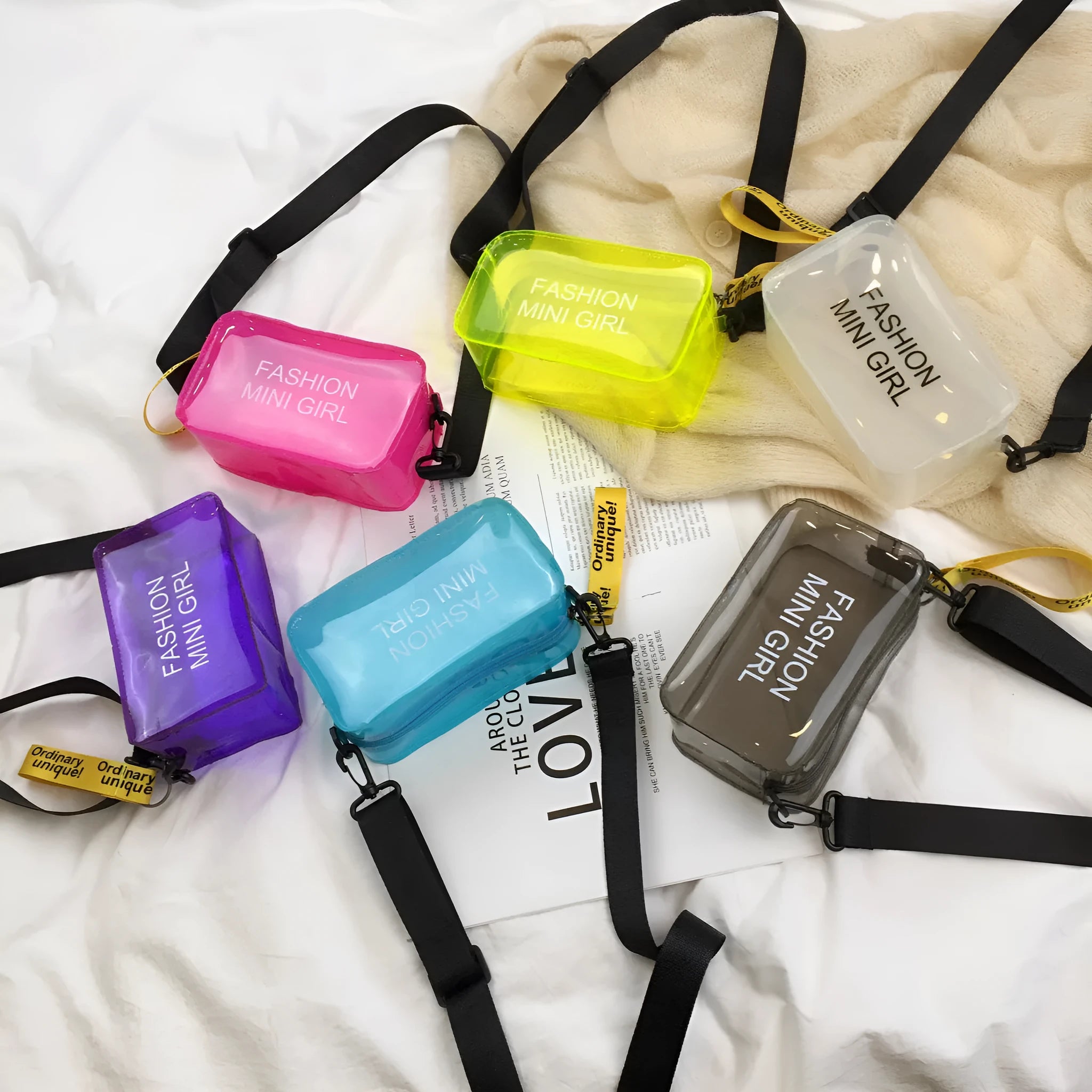 Clear square single shoulder bag made from PC plastic with adjustable strap in multiple colours