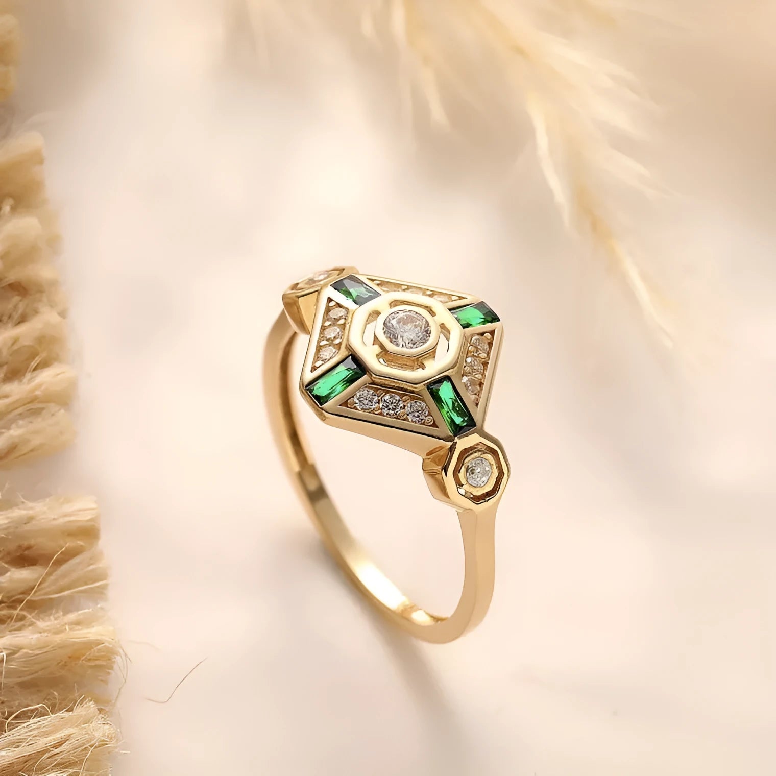 INS style women's emerald diamond ring with a square geometric design in Lvzuan colour.