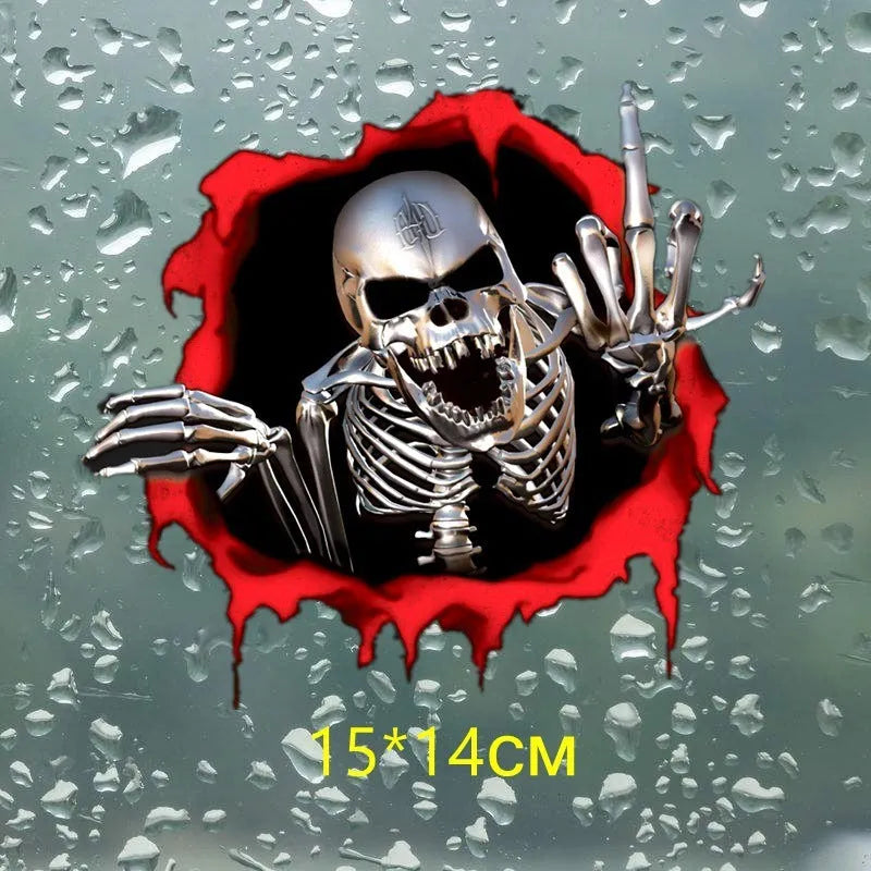 Colourful broken shell design metal skull car sticker measuring 15 by 14 centimetres