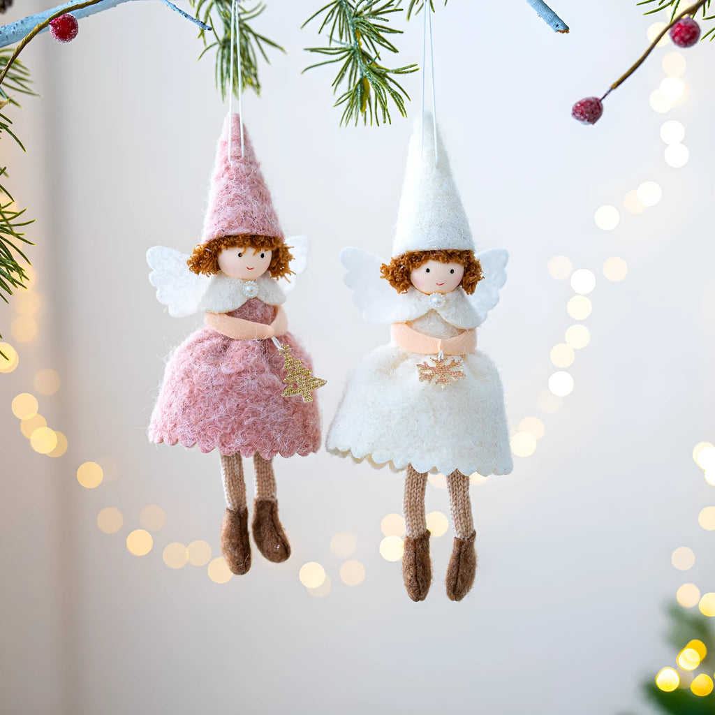 White and pink cloth Christmas angel skirt pendant ornament with felt detailing