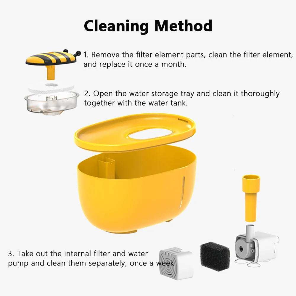 Yellow cat water fountain with filter, water level window, and anti-slip base.