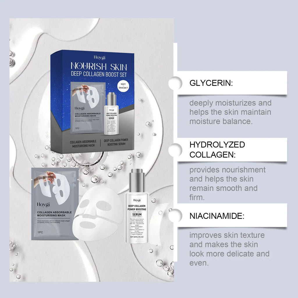 Collagen facial mask kit with 30ml serum essence bottle for moisturising skincare treatment