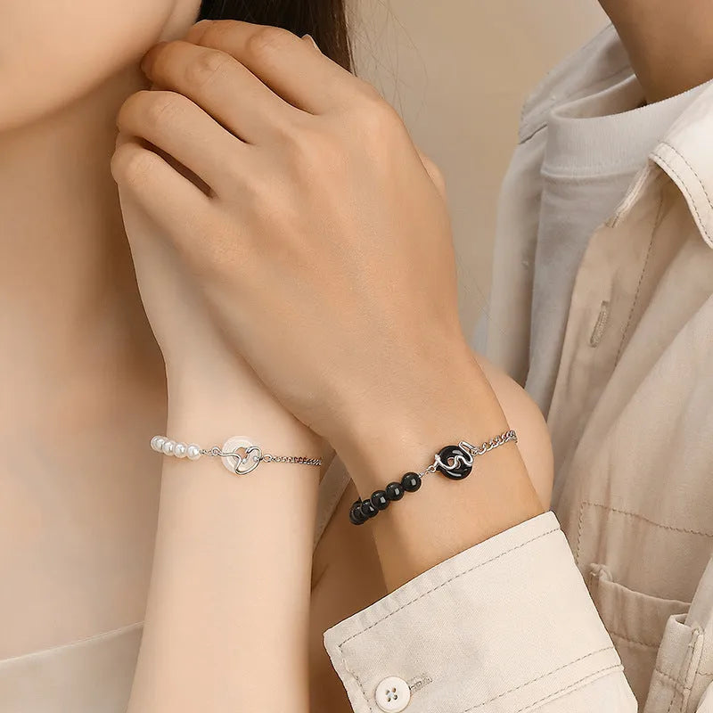 New Chinese style 925 sterling silver couple bracelet with obsidian pearl and snake zodiac design