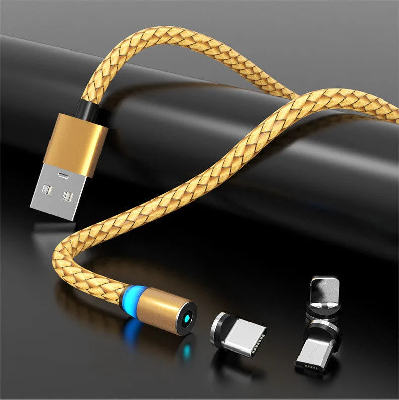 Multi-colour magnetic phone charging cable with breathing LED light and magnetic adapters for USB-C, Lightning, and Micro USB.