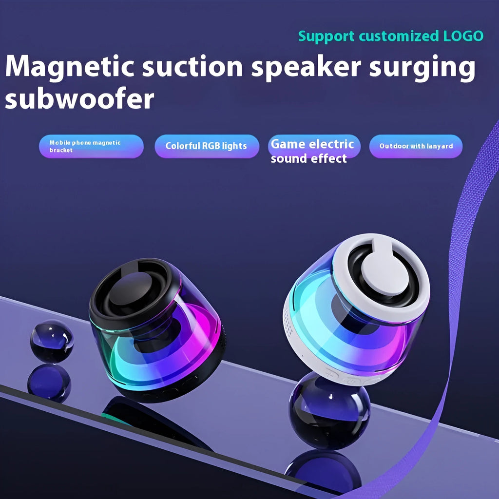 Compact portable Bluetooth speaker with ambient light ring and magnetic base in black or white