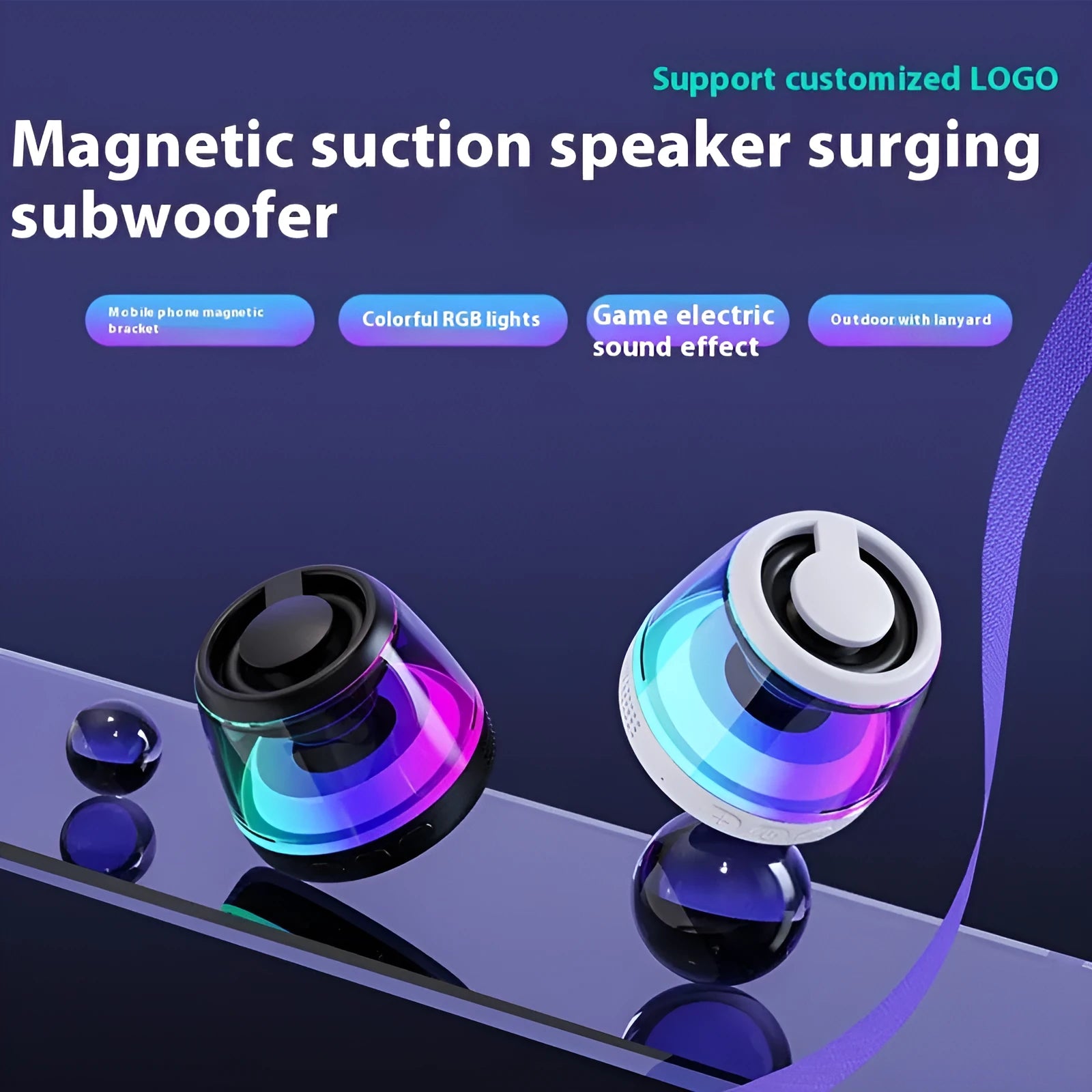 Compact portable Bluetooth speaker with ambient light ring and magnetic base in black or white