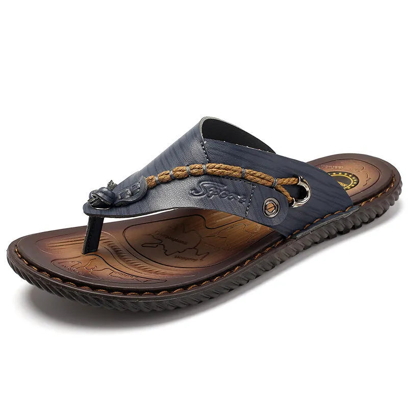 Men's black casual PU leather slippers with a non-slip sole, shown on a plain background.