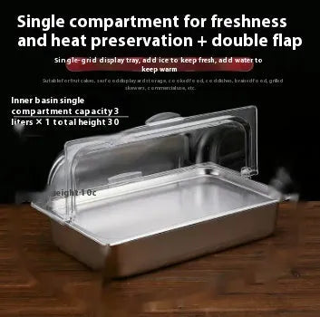 Stainless steel commercial dining plate display box with a removable lid and multiple inner compartments.